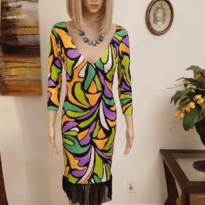 Auditions Green Purple Yellow Orange Black Abstract V-Neck Midi Dress